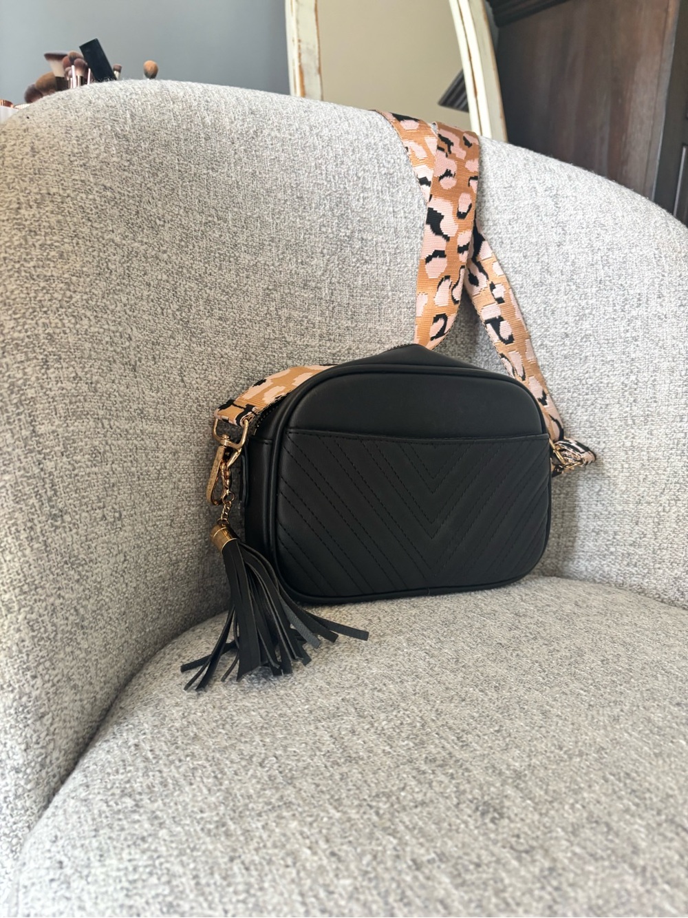 Black Crossbody Camera Bag with Leopard Strap and Tassel